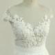 Flowy A line ivory chiffon lace wedding dress, beach wedding dress with capsleeves and illusion neckline
