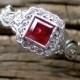 Red Ruby Engagement Ring in 18K White Gold with Diamonds in Flower Blossoms and Leafs on Vine Floral Motif Size 7