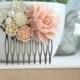 Pink Peach Flower Comb, Pink Rose, Ivory, Gold Leaves, Peach Flower Comb. Bridesmaids Gift, Rustic Pink Ivory Wedding. Spring Wedding Comb