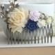 Ivory, Lavender, Blue Wedding Large Comb. Large Ivory Rose, Blue Pearl Brass Leaf Hair Comb. Bridesmaid Gift. Blue and Lilac Purple Wedding.