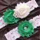 Wedding Garter, Bridal Garter Set - Ivory Lace Garter, Emerald Green Wedding Garter, Emerald Wedding Garter, Emerald Garter, Ivory Garter