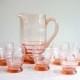 Pink Art Deco glass carafe and six glasses, vintage drinks  set, pink glass pitcher and glasses