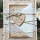 KATI - Burlap & Lace Wedding Invitation - Rustic Country Invitation with Ivory Lace Wrap and Kraft Heart - Lace Belly Band - Antiqued Edges