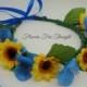 Sunflower Crown , Flowergirl Bride Headband, Yellow blue flower halo