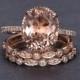 Limited Time Sale 2 carat Morganite and Diamond Trio Ring Set in 10k Rose Gold with One Engagement Ring and 2 Wedding Bands