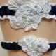 Navy Blue and White Lace Wedding Garter Set / Navy White Bridal Garter/ French Lace Wedding Garter/ Wedding Garter Belt