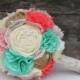 Romantic pink, coral, mint and butter rustic french pastry themed lace bridal wedding bouquet. Shabby chic fabric flowers.
