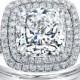 Ladies platinum double halo engagement ring with 7mm  2.00ct Cushion shape white sapphire and 0.75 ctw G-VS2 quality