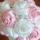 Satin Rose Bouquet, Ribbon Rose bouquet, Pink & Ivory fabric rose accented with rhinestone (Medium, 7 inch)