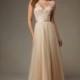 Long Champagne V Neck Tulle Bridesmaid Dress With Appplique Makes You Intellectuality - dressosity.com
