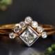 Wedding Ring Set. 3 Stone Ring. 14K Gold Princess Cut Diamond Engagement Ring Set. Round Diamond Chevron V Wedding Band. Bridal Set. V Ring