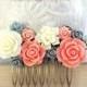 Bridesmaids Gift Bridal Hair Comb Coral and Grey Wedding Flower Hair Comb Hair Accessories Peach Rose Hair Comb Spring Floral Headpiece