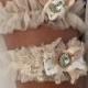 Lavish Champagne Tulle and Lace Wedding Garter Belt Set. Rustic Vintage Wedding Accessory