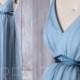 2017 Dusty Blue Chiffon Maternity Bridesmaid Dress Emprie Waist, V Neck Wedding Dress with Belt, Long Prom Dress Floor Length (LM257)