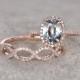 2pcs Aquamarine Bridal Set,Engagement ring Rose gold,Curved loop Diamond wedding band,6x8mm Oval Blue Gemstone Promise Ring,Matching Band