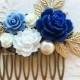 Wedding Comb Navy Blue White Bridal Hair Accessories Gold Leaves Pearl Floral Hair Slide Elegant Romantic Hair Clip Rustic Headpiece