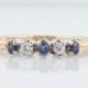 Wedding Band Modern Antique Style Five Stone Diamond and Sapphire in 14k Yellow Gold