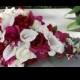 Silk cascade wedding bridal bouquet red white made of orchids roses and callas
