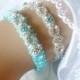 Aqua Blue Wedding Garter Set with Rhinestones, Bridal Garter Belts, Something Blue Wedding Garter, Crystal Bridal Garder, Wedding Lingerie