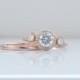 14K Rose Gold Round Halo Engagement Ring - Three Stone Engagement Ring - 3 Stone with Brilliant Cut Cubic Zirconia