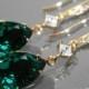 Emerald Crystal Gold Earrings Teardrop Green Wedding Earrings Swarovski Emerald Rhinestone Earrings Bridal Bridesmaid Jewelry Prom Earrings - $28.00 USD
