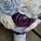 Plum, Ivory and Grey Ribbon Rose Bridal Bouquet Set with Lace, Rhinestones and Pearls 