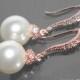 White Pearl Rose Gold Bridal Earrings Swarovski 10mm Pearl Wedding Earrings Rose Gold CZ Pearl Dangle Earrings Bridal Jewelry Prom Jewelry - $28.00 USD