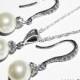 White Pearl Bridal Jewelry Set Pearl Necklace&Earrings Set Swarovski 8mm Pearl Sterling Silver Cz Set Drop Pearl Wedding Jewelry Set Bride - $45.90 USD