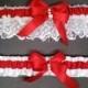 Wedding Garter Set Red on White or Ivory, Red Bow with Rhinestone & Hearts Charm ~ Allison Line (May also be purchased individually)