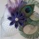 Purple Wedding Peacock Fascinator, Royal Purple Kanzashi Hair Flower, Plum Purple Feather Bridal Head Piece, Birdcage Veil, Vintage Bride