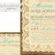 Lace Burlap Wedding Invitation & Response Card 2 Piece Suite Coral Turquoise RSVP Rustic Shabby Chic DIY Digital or Printed - Jackie Style