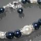 Dark Navy Blue White Pearl Bracelet Swarovski Night Blue White Pearl Wedding Bracelet One Row Pearl Bracelet Wedding Blue White Jewelry - $24.50 USD