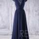 2017 Navy Chiffon Bridesmaid Dress, Cap Sleeves Wedding Dress, V Neck Ruched Bodice Prom Dress, A Line Evening Gown Floor Length (H378)