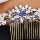 Crystal Wedding Hair Comb Blue Stamen Flower