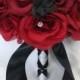 17 Piece Package Wedding Bridal Bride Maid Of Honor Bridesmaid Bouquet Boutonniere Corsage Silk Flower RED BLACK "Lily Of Angeles" REBK03
