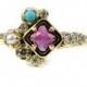 Rhodolite Garnet, Turquoise and Pearl Cluster Ring with Champagne and White Diamonds - 14k Yellow Gold