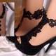 Pair of Black Flower Lace Barefoot Sandal Ankle Glams, Barefoot Sandals, Beach Wedding Sandals, Botttomless Sandals, Black Bridesmaid Shoes - $18.99 USD