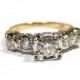 Vintage Diamond Engagement Ring, 14K Yellow Gold & White Gold, Bridal Jewelry, With 4 Side European Cut Diamonds, Circa 1950's