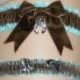 Country Western garter set in Aqua Blue Satin and brown velvet with lucky horseshoe charm. Toss garter included