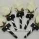 White Rose Boutonniere, Rosebud Buttonhole Flower, Black and White, 1 Mens Lapel Pin