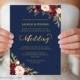 Navy Wedding Template, Burgundy Boho Chic Floral, Printable Gold Foil Wedding Invitation Template, Vistaprint, DIY PDF Instant Download