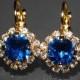 Capri Blue Gold Halo Earrings Swarovaki Blue Leverback Earrings Wedding Blue Gold Crystal Earrings Bridesmaid Blue Jewelry Prom Blue Earring - $23.00 USD