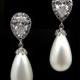 wedding bridal jewelry bridesmaid gift teardrop white or cream shell pearl earrings with cubic zirconia deco teardrop post earrings