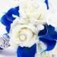 Royal Blue & White Bridal Bouquet Roses Calla Lilies Stephanotis with Groom's Boutonniere - White Royal Wedding Bouquet Pearl Rhinestones