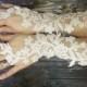 Ivory white long lace wedding gloves, french lace fingerless gloves, sophisticated lace wedding accessories - $74.00 USD