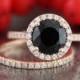 14k Rose Gold Half Eternity Diamond Wedding Ring Bridal Set 8mm Round Black Spinel Gemstone Engagement Ring and Matching Wedding Band