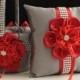 Gray Red Wedding Basket / Gray Red Bearer / Gray Red Basket / Red Gray Flower Girl Basket / Red Ring Bearer Pillow / Gray Pillow Basket Set - $28.00 USD
