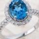 Blue Topaz Engagement Ring - Natural London Blue Topaz Engagement Ring - 9x7mm Oval Topaz Wedding Ring Halo Diamond Ring - 14k White Gold