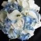 Blue Hydrangea and White Realtouch Calla Lilies and Roses accented with Pearls Bridal Beach Bouquet Set