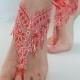 Red Lace barefoot sandals Lace Bridal Sandals, Red Silver frame bangle, Slave gypsy anklets wedding anklet, FREE SHIP, bridesmaid gift - $27.80 USD